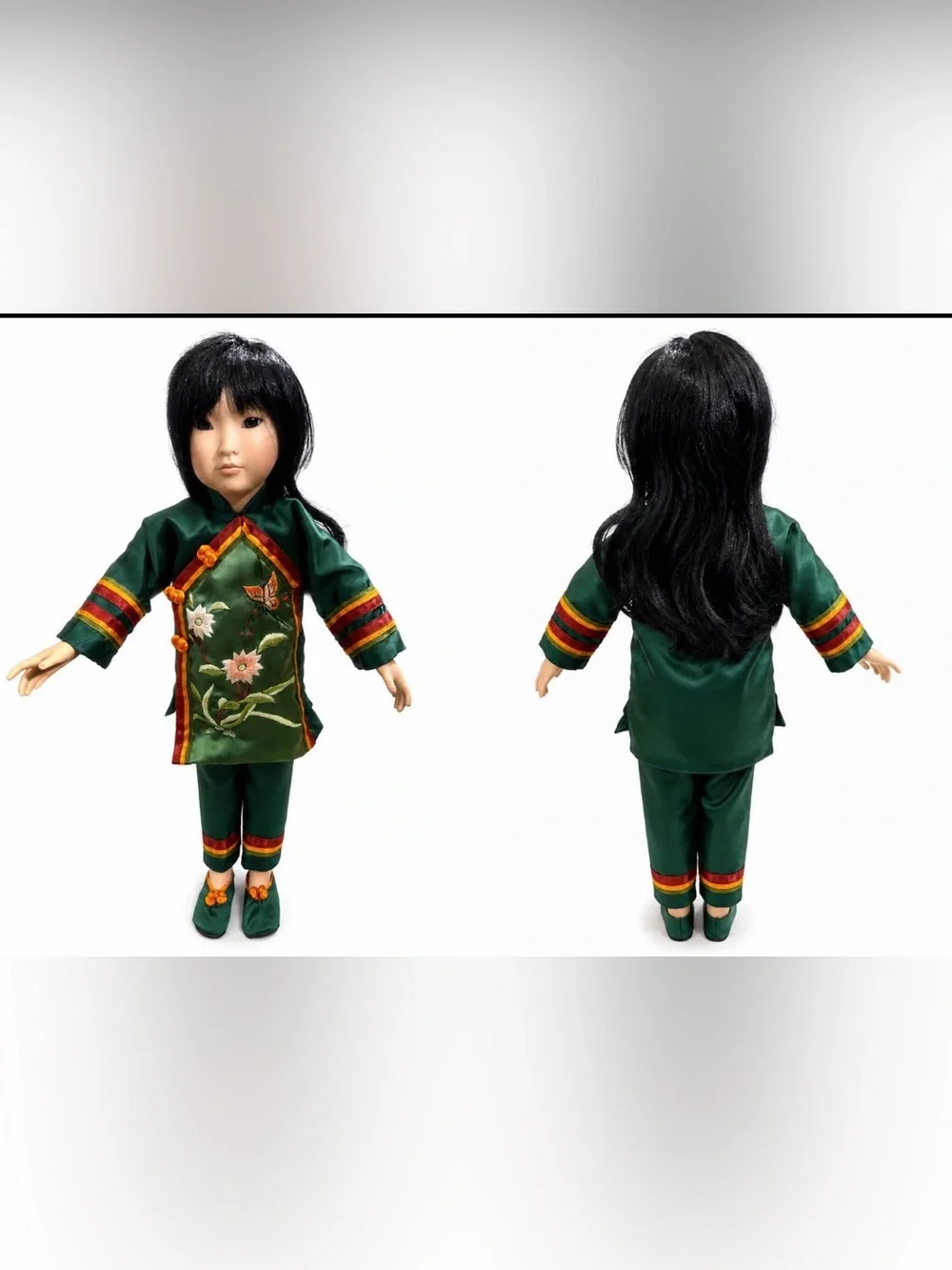 Green Embroidered Floral Doll Outfit with Orange Trim